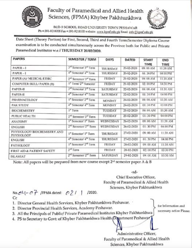 KPK Medical Faculty Examination Date Sheet